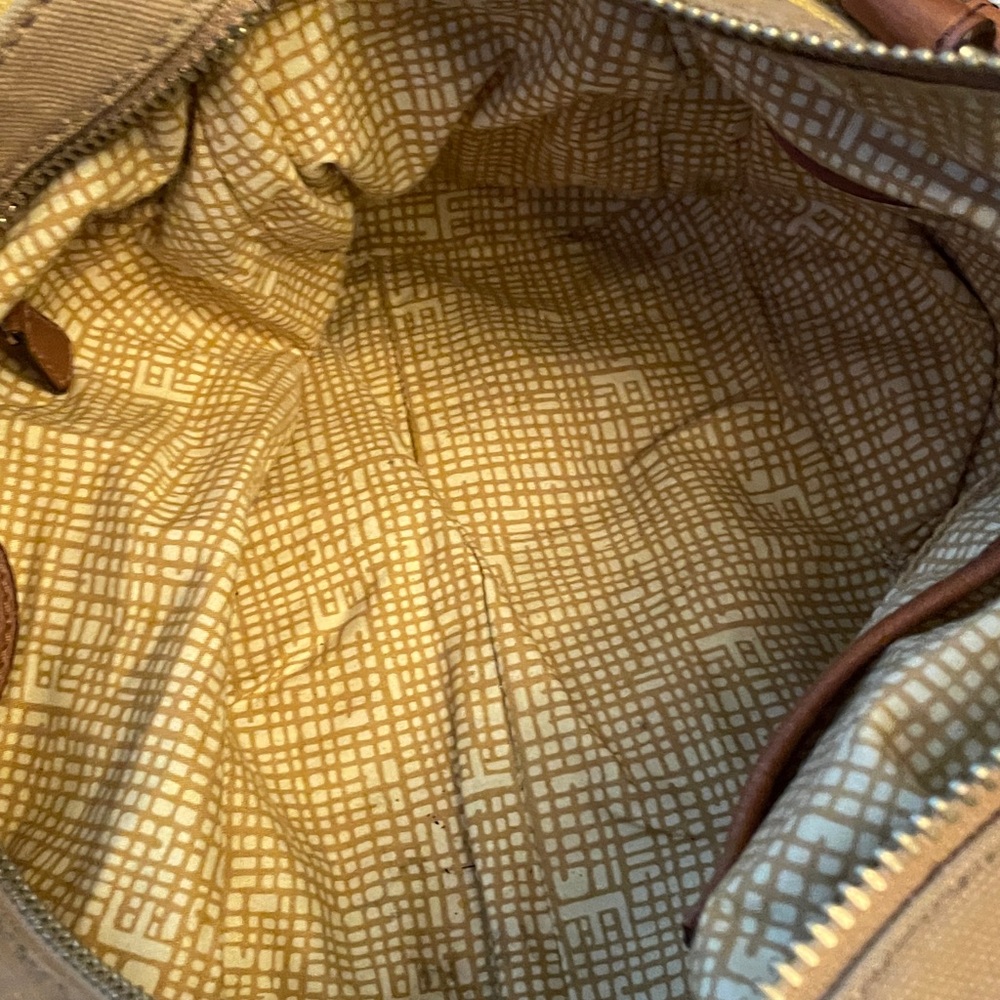 Fossil Tan Satchel with Patterned Interior